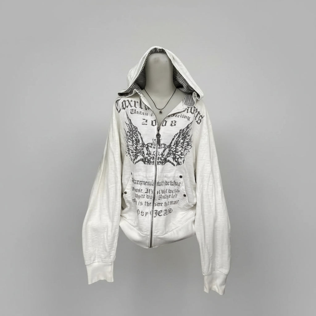 White hoodie with black text and graphics on a gray background