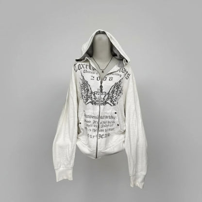 White hoodie with black text and graphics on a gray background