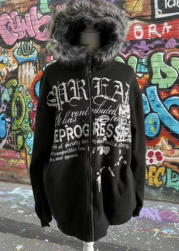 Black hoodie with text design on a mannequin against a light background
