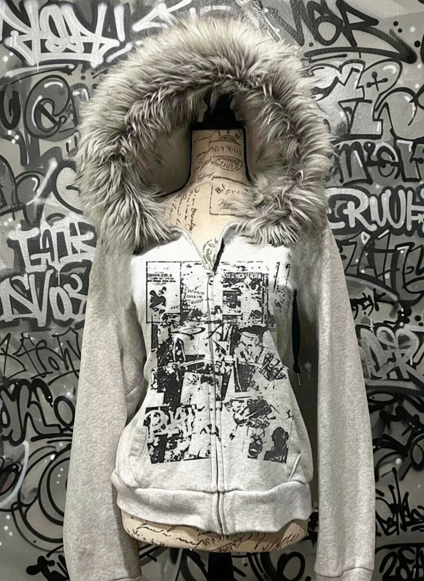 Gray hoodie with fur hood on a mannequin against a plain background